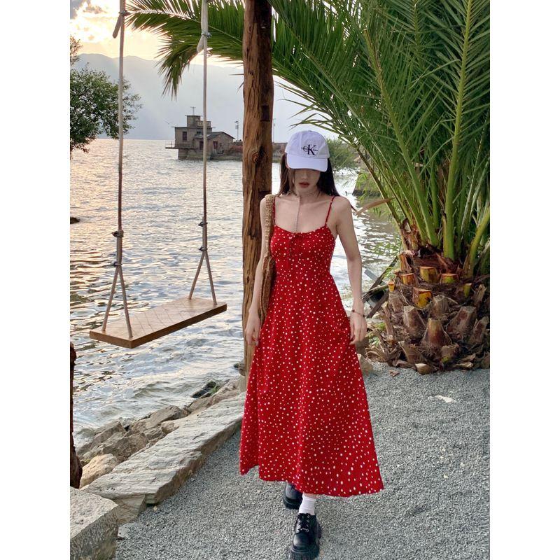Kumikumi French Style Vacation Style Red Small Floral Sling Dress Women's Summer Tight Waist Slimming A- Line Skirt Long Dress