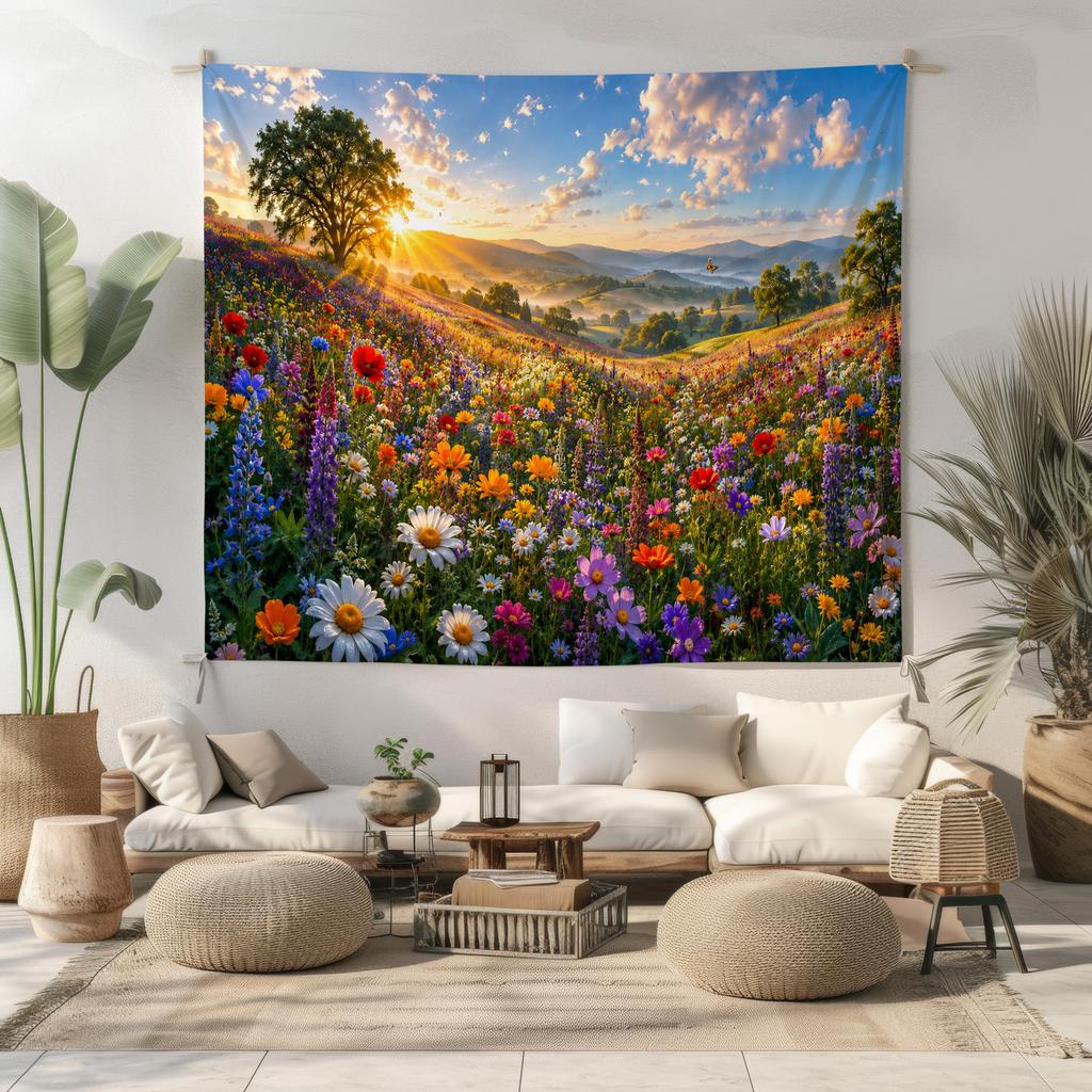 Wildflower Meadow Tapestry Colorful Flower Field Wall Hanging Mountain Sunset Landscape Cottagecore Nature Wall Decor