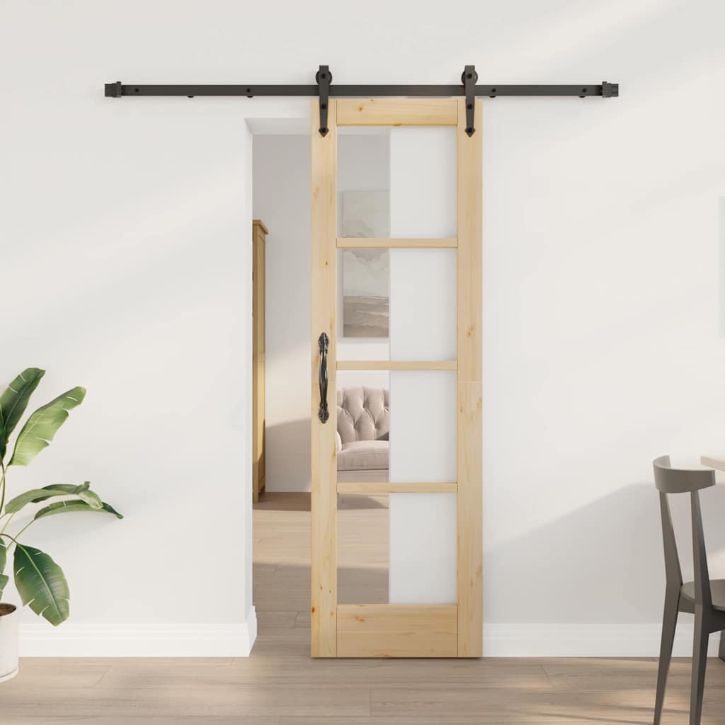 Sliding Door Natural 61 X 198.5 Cm Solid Pine Wood and Glass