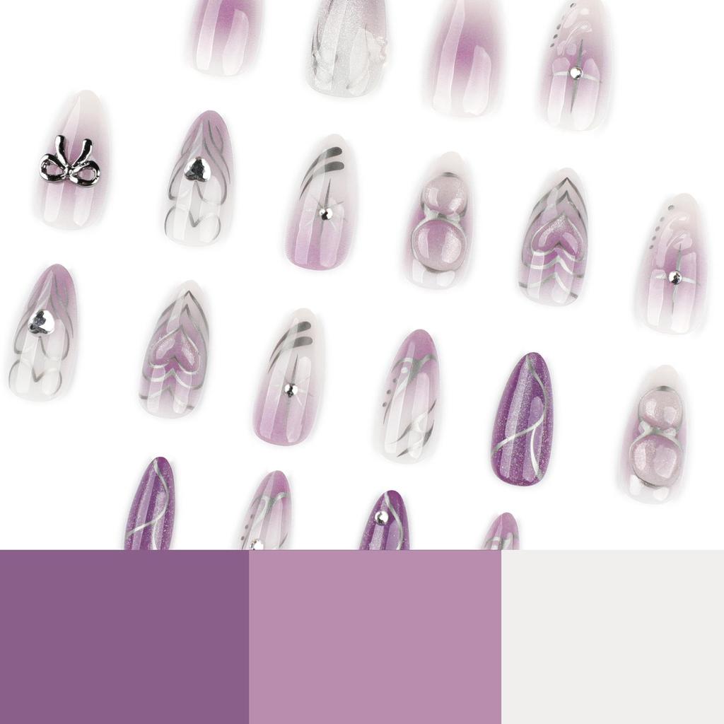 Purple Gradient Cat Eye Press-On Nails: Short Almond with Silver Glitter, Heart, and Bow Nail Art