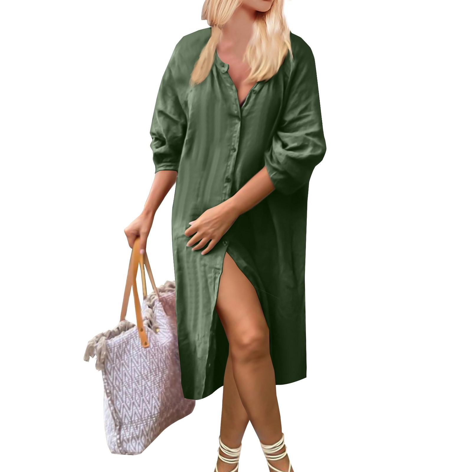 Женская мода сплошной цвет семь рукавов с разрезом повседневные свободные длинные платья — фото 3