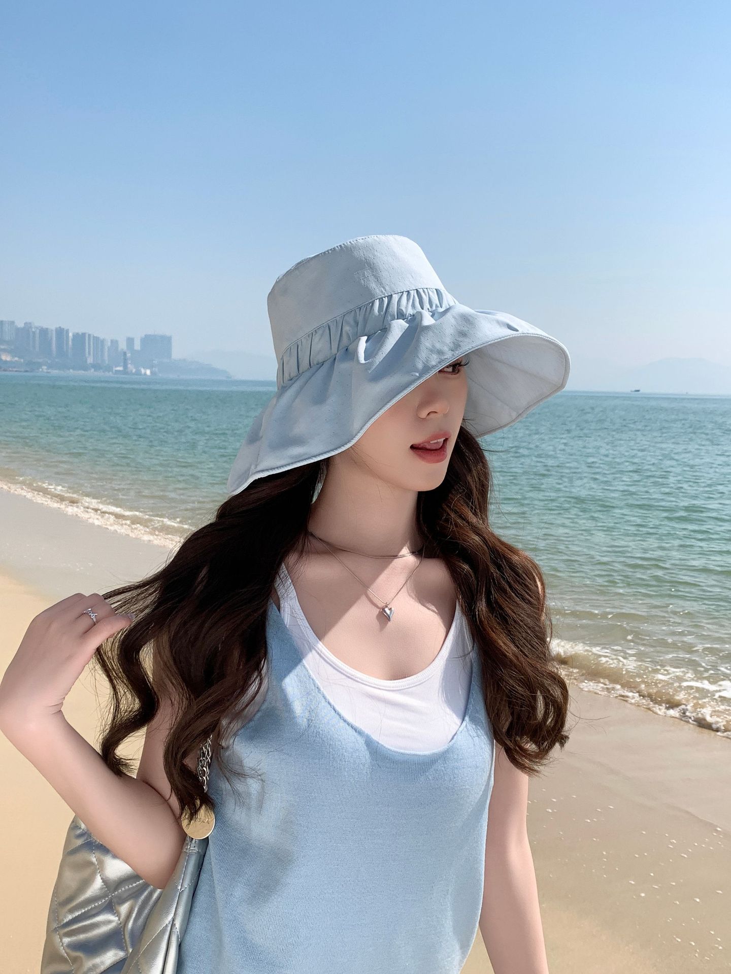 

Летняя пляжная шляпа для улицы, новая, детская, солнцезащитная, с большим краем, шляпа-ведро для путешествий, уличная, модная, для отдыха, шляпа от солнца M（56-58cm） синий