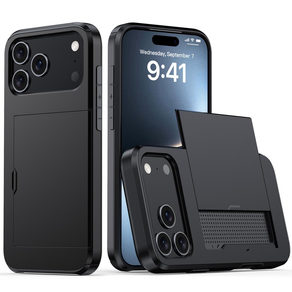 For iPhone 17 Pro Max Case with Card Holder TPU+PC Phone Back Cover