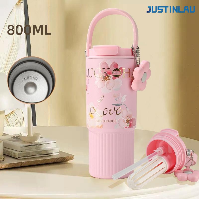 

800ML Light Luxury Rose Water Cup Straw Insulated Cup with Lifting Ring Design Giving Girls A Birthday Gift Bottles 800ml