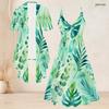 Women Plus Size Two Piece Set Short Sleeve Cardigan Tropical Leaf Printed Strappy V Neck Flared Dress