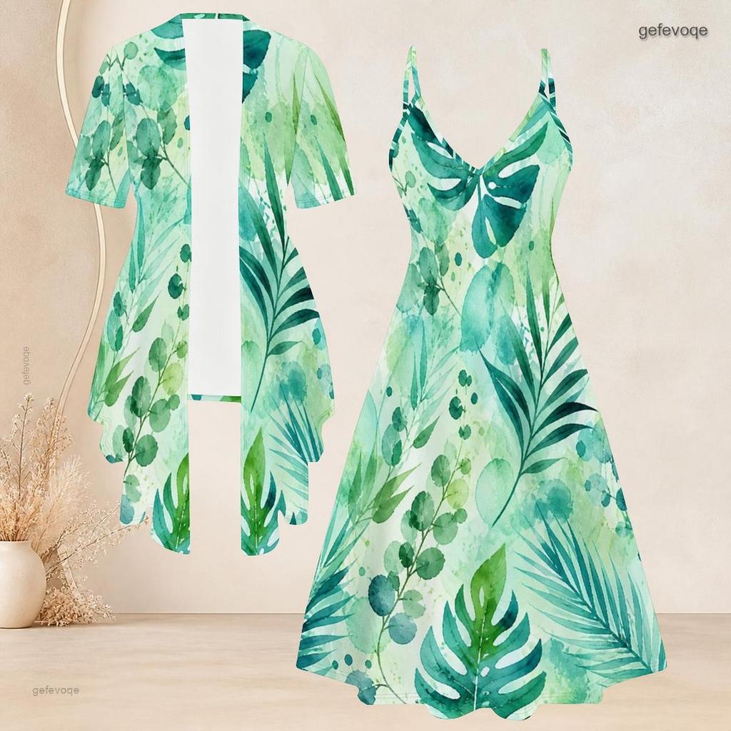 Women Plus Size Two Piece Set Short Sleeve Cardigan Tropical Leaf Printed Strappy V Neck Flared Dress