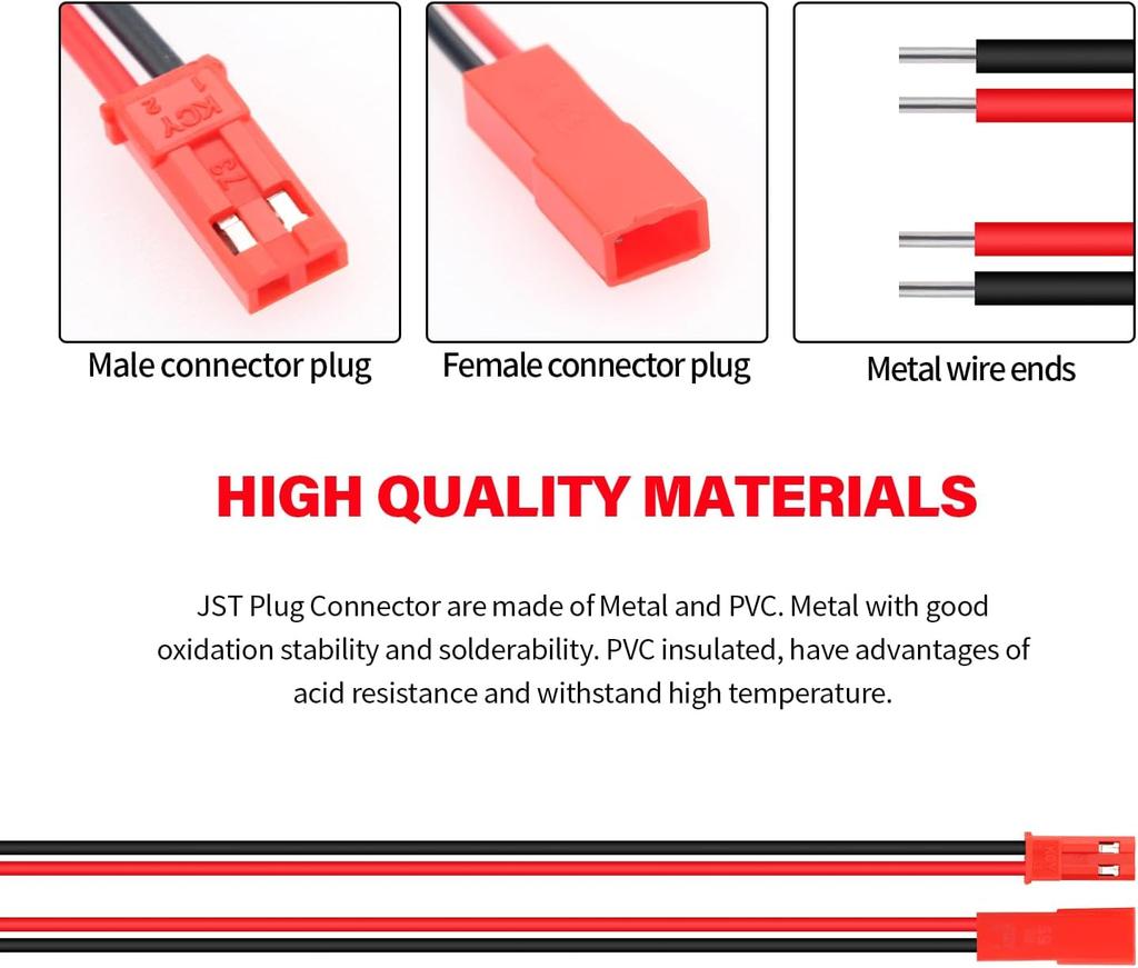 60× JST 2-Pin Connectors 22 AWG – 10cm & 15cm Cables – For LED Strips, RC Batteries, and DIY Electronics – Red