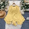 Women Casual V Neck Layers Flare Sleeve Semi-Sheer Loose Elegant Blouse