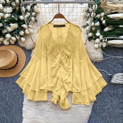 Blusa Elegante da Donna Casual con Scollo a V, Strati, Maniche a Svasatura, Semitrasparente, Larga