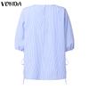 VONDA Women Turn Down Collar 3/4 Sleeve Striped Ruffled Casual Loose Blouse