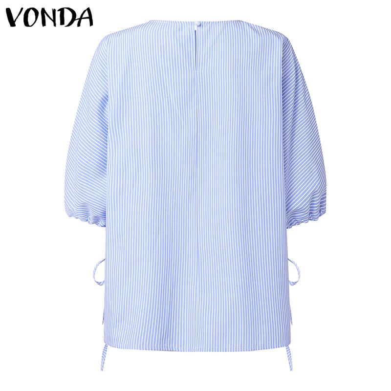 VONDA Women Turn Down Collar 3/4 Sleeve Striped Ruffled Casual Loose Blouse