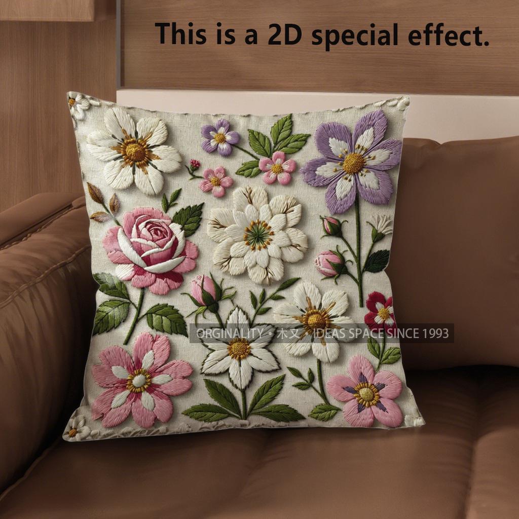 2D Vintage Embroidered Floral Throw Pillow Covers** Pattern Cushion Cover Suitable For Sofa Bedroom Car Pillow Cover