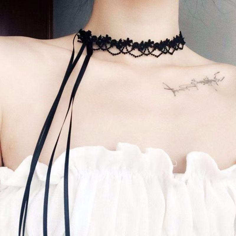 Lolita Camellia Choker Necklace for Women - Dark Clavicle Chain, Maid Style Neckband Collar