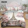 Duvet Cover Eiffel Tower Romantic Couple Flower King Comforter Cover Microfiber France Paris Cityscape Bedding Set for Teen