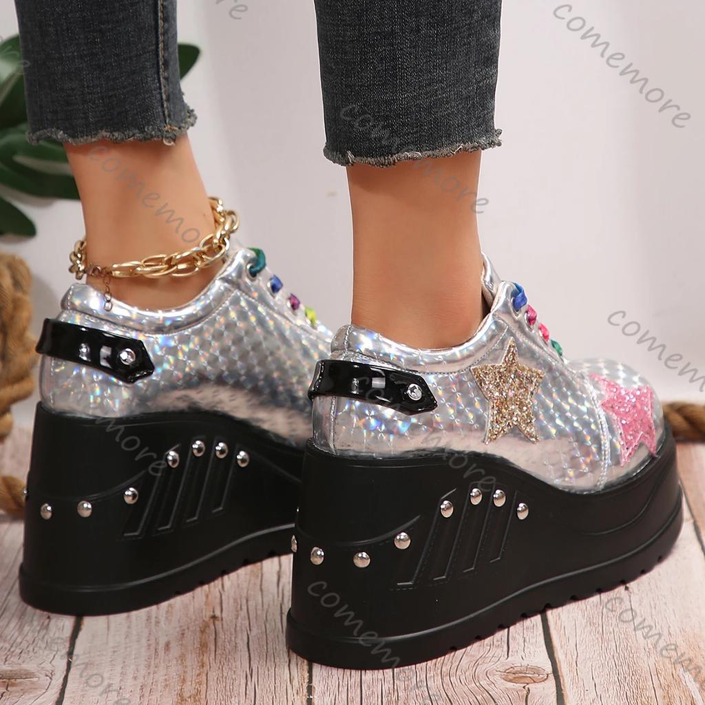 Women Sneakers 2025 New Platform Wedge Plus Size Rainbow Sneakers Women Silver Sequin Punk Designer Shoes Women