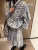 Women's Blue & White Plaid Drawstring Jacket & Pleated Skirt Two-Piece Set for Early Spring