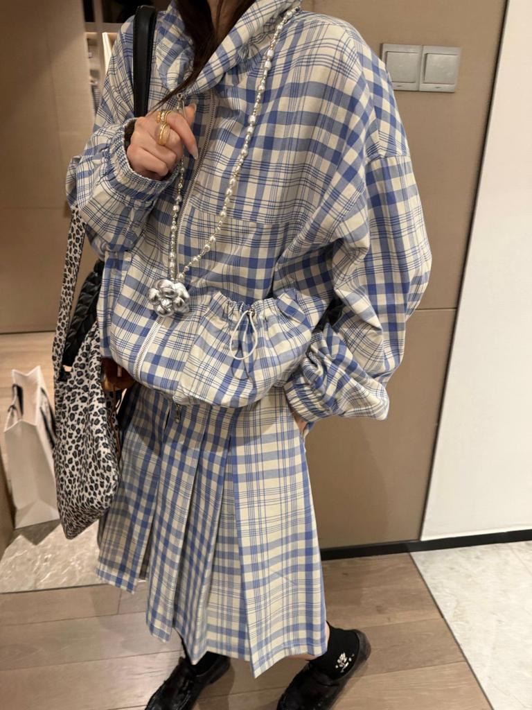 Women's Blue & White Plaid Drawstring Jacket & Pleated Skirt Two-Piece Set for Early Spring