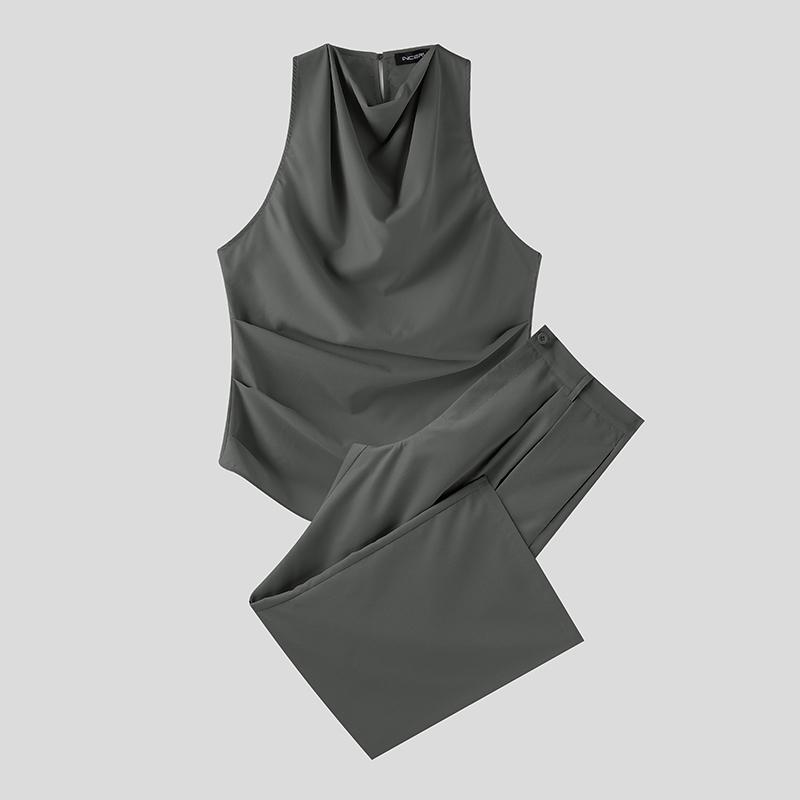 

Комплекты из двух предметов INCERUN Мужские майки без рукавов с оборками и отложным воротником, длинные брюки S серый