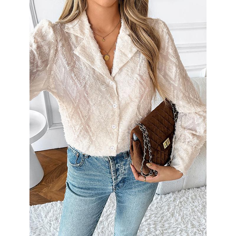 Spring And Autumn Women New Single Breasted Cardigan Suit Collar Long Sleeved Jacquard Blouse Elegant Office Lady Shirts