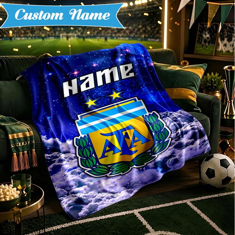 Custom Name Argen-tina Football Crest Blanket Lightweight Ideal Bedding Blanket Perfect for Travel, Camping, Living Rooms, Sofas, Christmas Gift