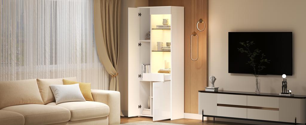 70*35*180cm Display Cabinet with Drawers, Glossy, Glass with LED Lighting, Tall Cabinet, Standing, Partition Storage, Recommended Load Capacity 45kg