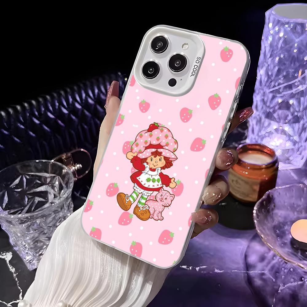 Pink Strawberry Cartoon S-Shortcake Phone Case For iPhone 16 15 14 13 12 11 Pro Max White Matte Laser Metallic Aurora Funda