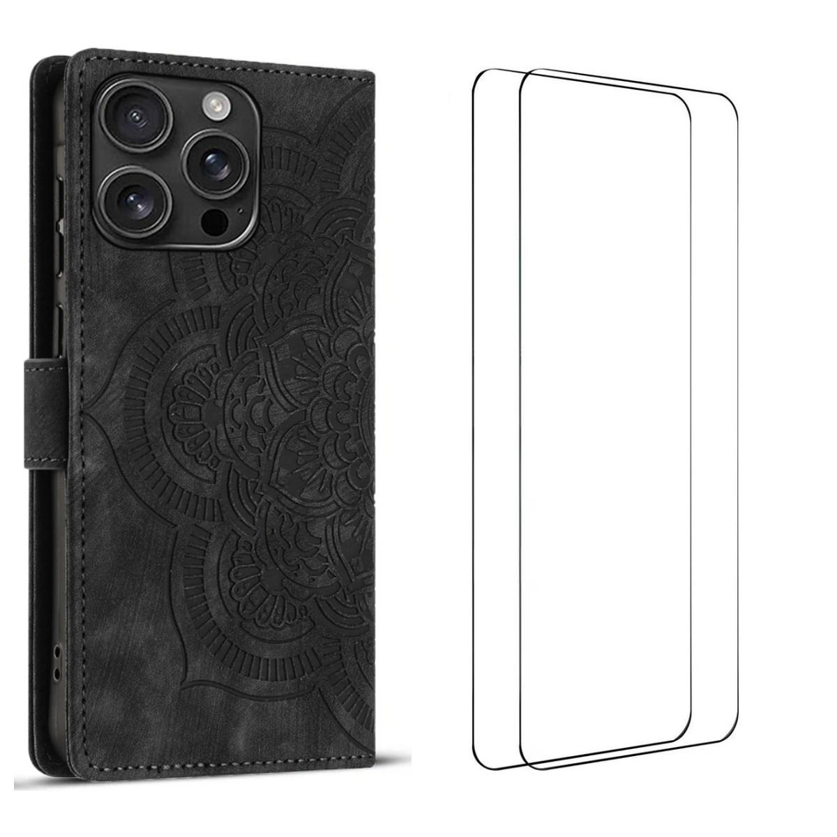

For iPhone 16 Pro Case with 2Pcs Tempered Glass WANLONFENG MTL Series Mandala Leather Phone Cover Black
