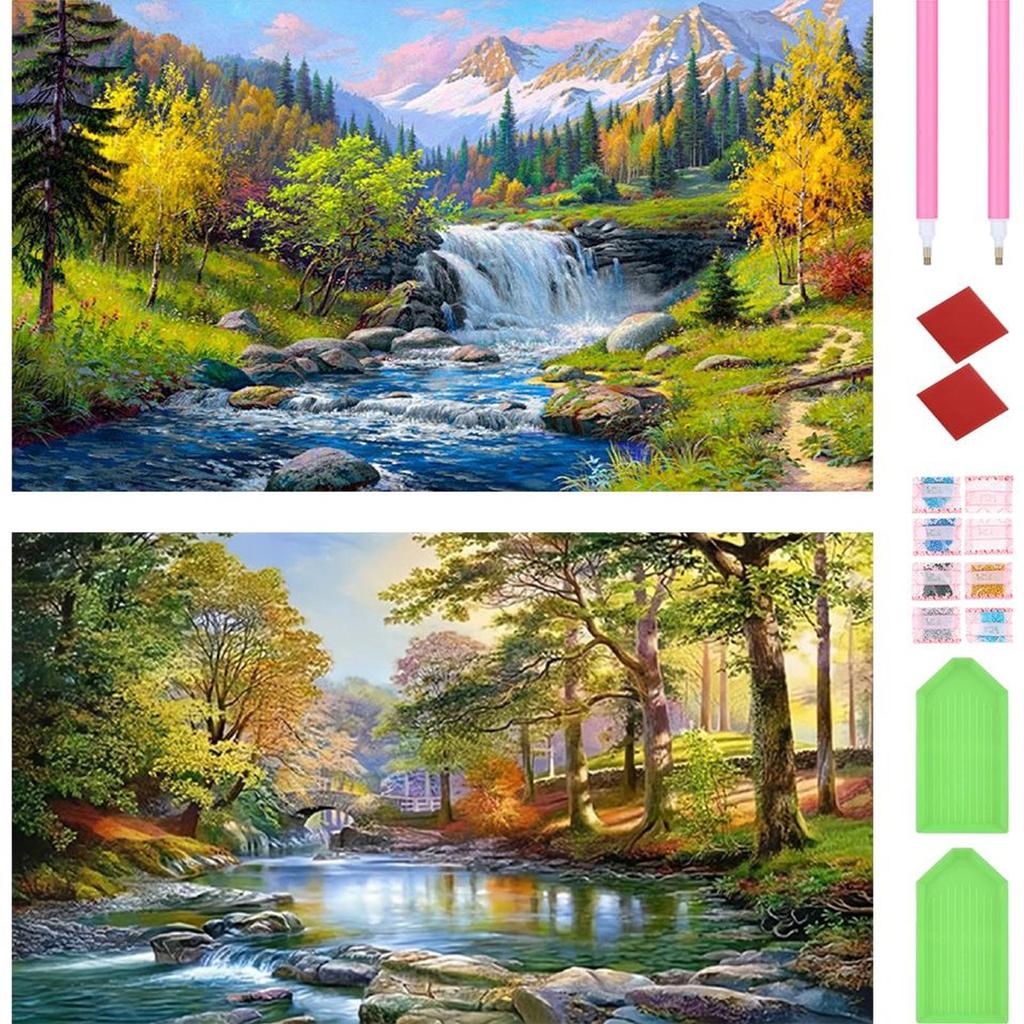 2pcs Landscape 5D DIY Full Drill Round Diamond Painting Kit for Home Wall Decor
