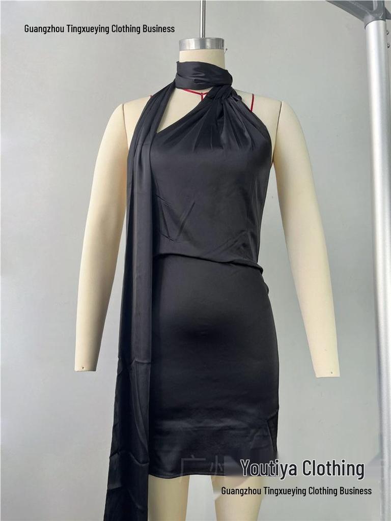 New Cross-Border Formal Dress: Women's Sexy Backless Short Skirt with Adjustable Halter Neck in Satin