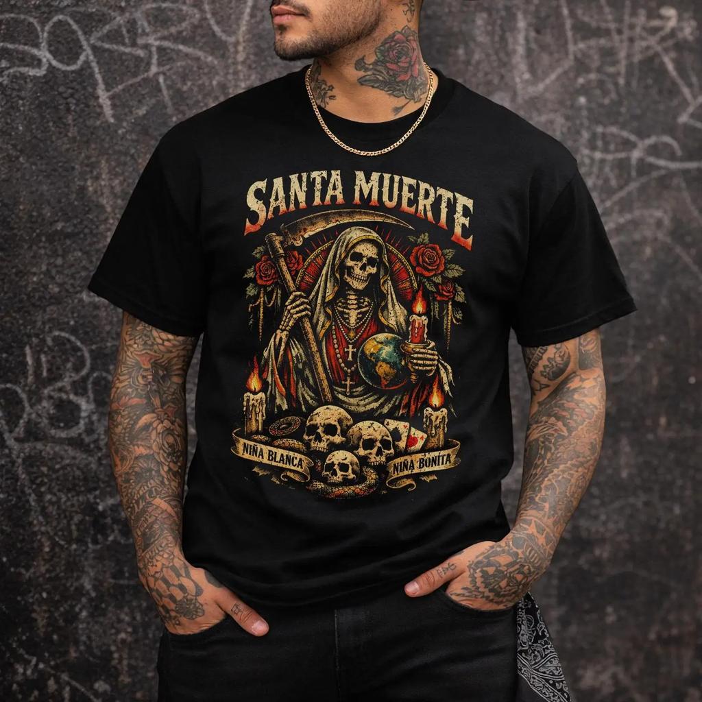 Santa Muerte Grim Reaper T Shirt Mexican Folk Religion Chicano Culture Gothic Latino Fan Vintage Fashion