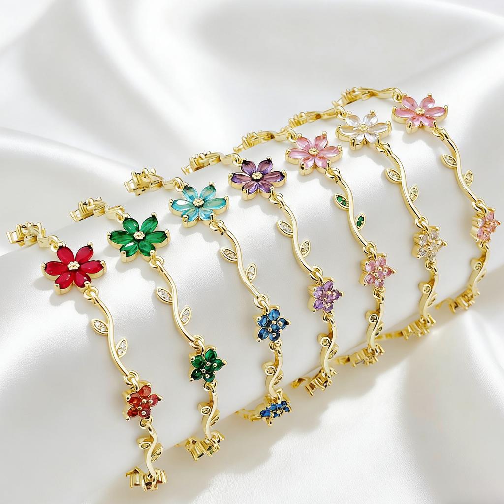 Trendy Multicolor Zircon Tulip Flower Bracelet Gold Plated Leaf Vine Chain Bracelet Romantic Wedding Party Zircon for Women