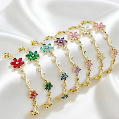 Trendiges Mehrfarbiges Zirkon Tulpenblüten Armband Vergoldete Blatt Ranken Kette Armband Romantische Hochzeitsfeier Zirkon für Damen