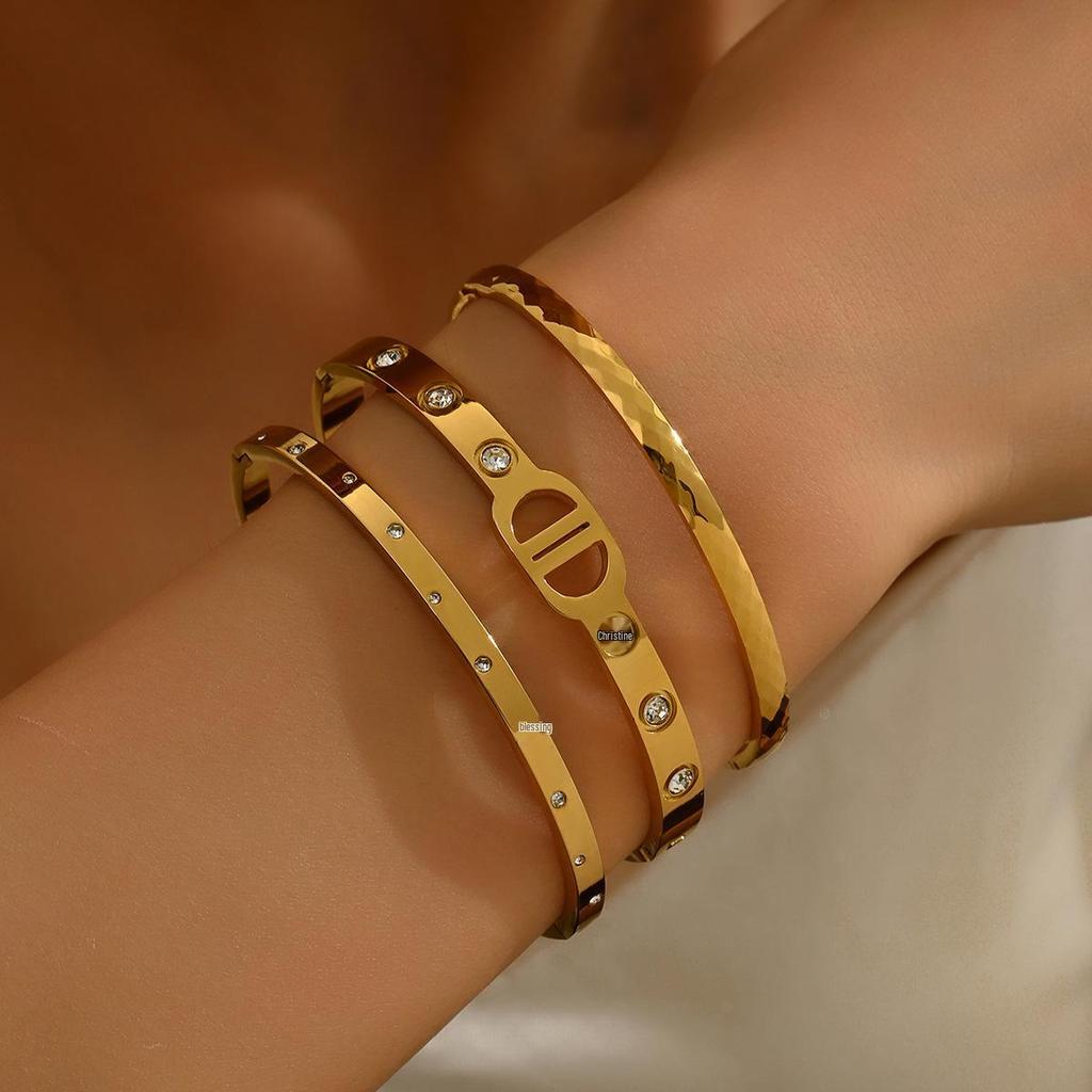 Women's Zircon Letter Bracelet - Non-Fading, Open Bangle, Titanium Steel Jewelry