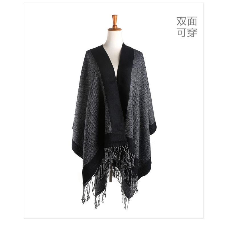 Women Faux Cashmere Tassel Shawl Black Gray Solid Winter Autumn Scarf