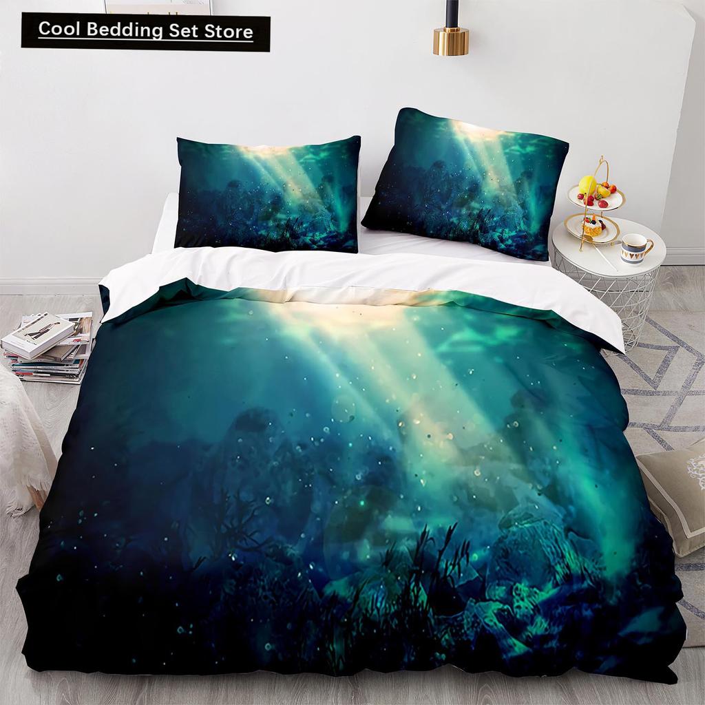 Underwater World King Queen Duvet Cover Cartoon Ocean Animal Bedding Set for Kids Fish Coral Sea Life Soft Polyester Quilt Cover