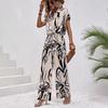 Women's 3D Printed Short Sleeve Collared Shirt Wide Leg Pants Casual Two Piece Outfit Summer Pant Suit