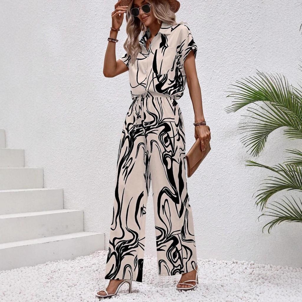 Women's 3D Printed Short Sleeve Collared Shirt Wide Leg Pants Casual Two Piece Outfit Summer Pant Suit