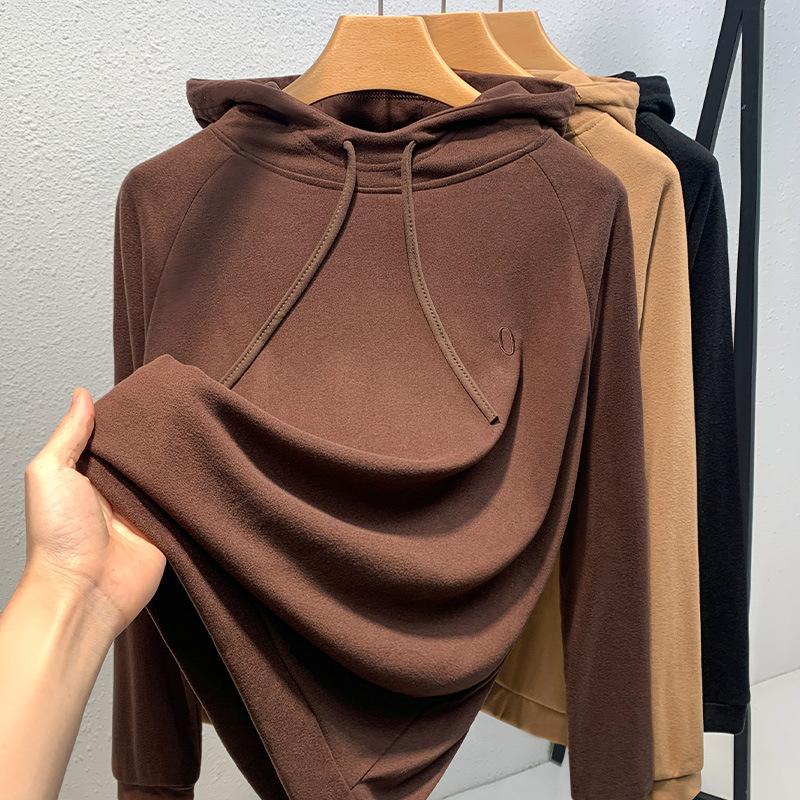 

Утолщенный свитер с капюшоном для женщин с длинными рукавами, осенне-зимний новый корейский вариант, свободный топ с вырезом на животе 3XL темно-коричневого