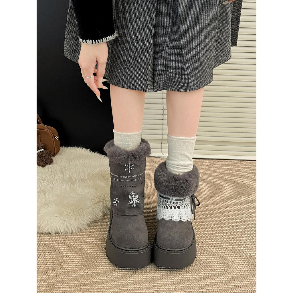 Gray retro thick-soled fluffy snow boots women's winter velvet warm outer wear Northeast cotton shoes