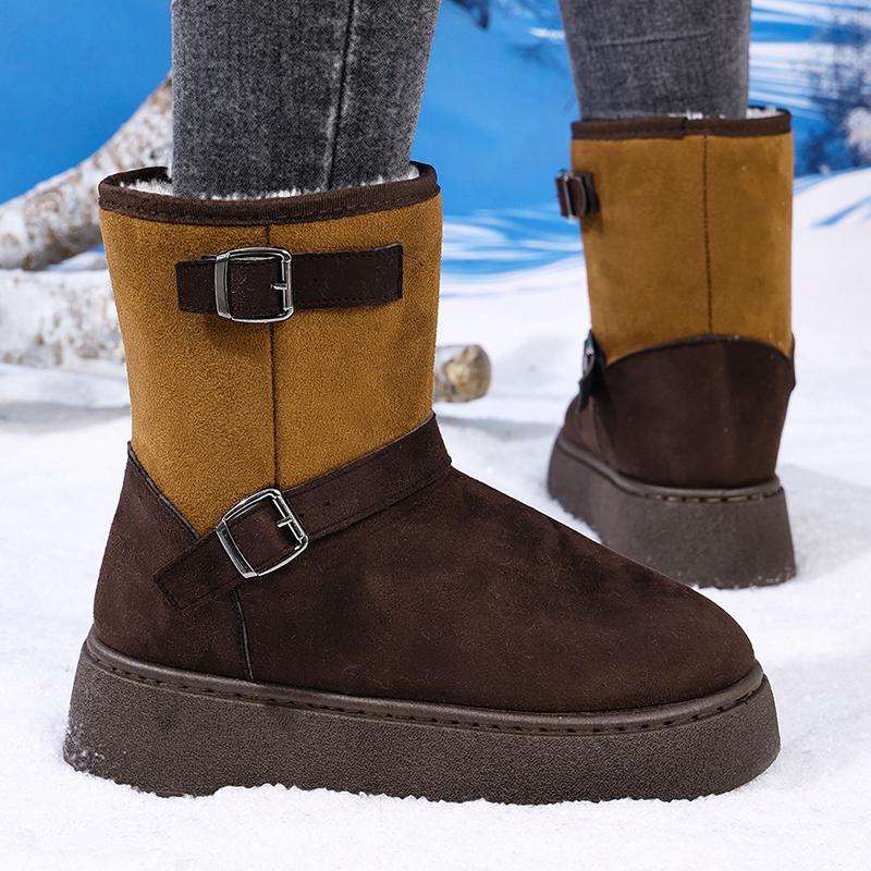 Fashion Fashion Mixed Color Platform Snow Boots Women Faux Suede Thick Plush Ankle Boots Woman Buckle Decor Thick Sole Cotton Shoes