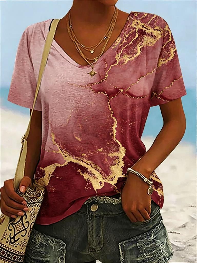 Women's Gradient Marble Print V-Neck T-Shirt, Casual Short Sleeve Tops, Modern Abstract Daily Wear for Spring & Summer