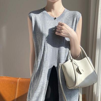 Women's Wool Sleeveless Pullover Qinghe Cashmere 50% Silk 50% Wool Spring and Summer Wool Short Sleeve Soft Comfortable Warm