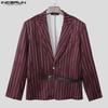 INCERUN Men Deep V Neck Long Sleeve One Button Striped Thin Blazer Short Coats
