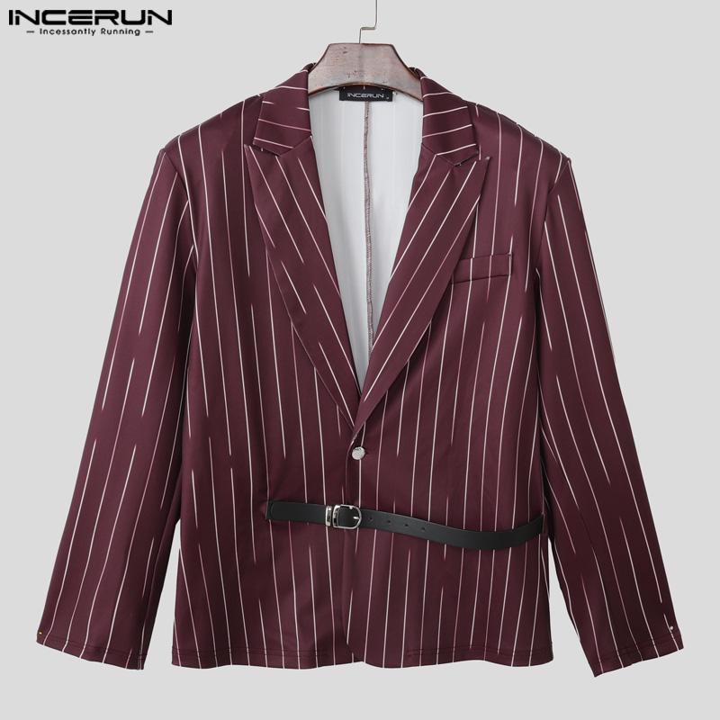 INCERUN Men Deep V Neck Long Sleeve One Button Striped Thin Blazer Short Coats