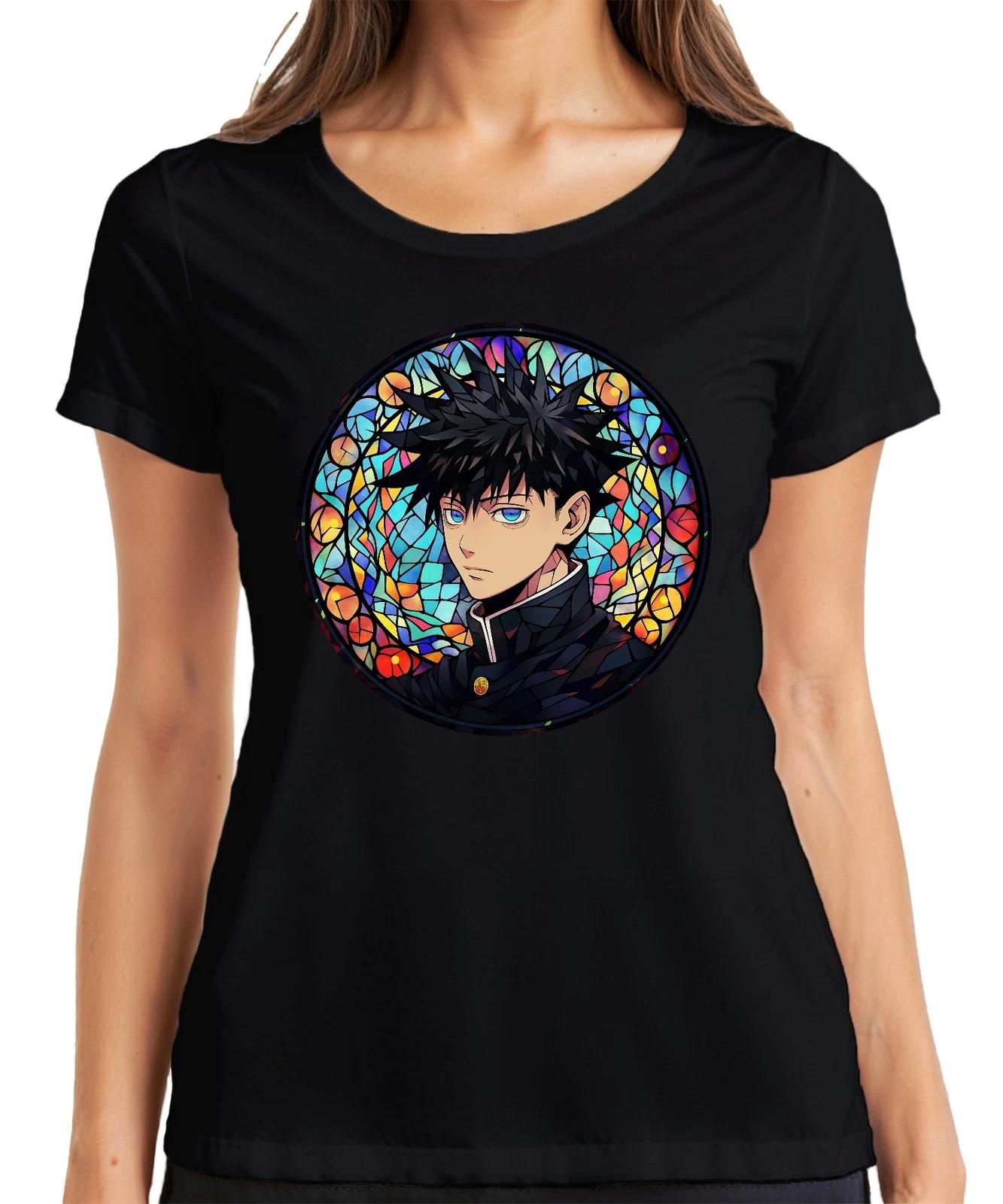 Anime Junge Blaue Augen Schwarze Haare Buntglas Fenster Mystisch Damen T-Shirt M