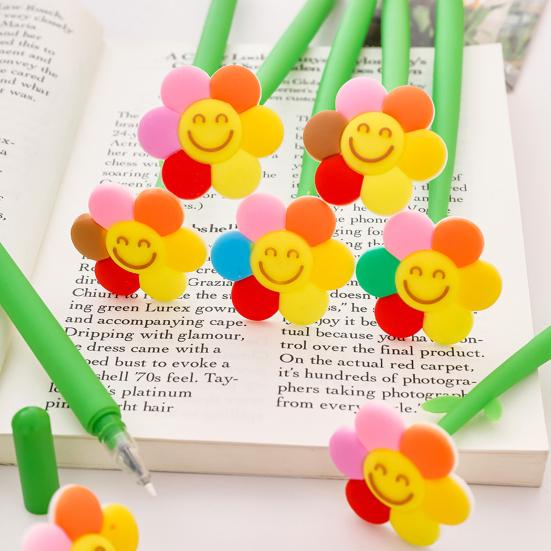2Pcs Sunflower Gel Pen with Soft Silicone Grip Cute Smile Face