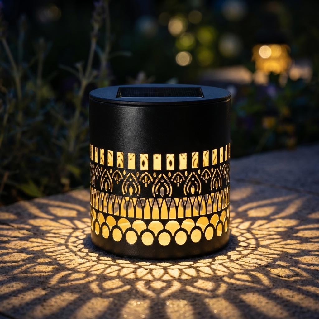 Solar Powered Outdoor Garden Light Decorative Metal Lantern with Cutout Pattern for Yard Patio Pathway Lighting