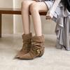 2025 autumn and winter new models, European and American style hand-tied suede metal buckle thick heel pointed suede short boots