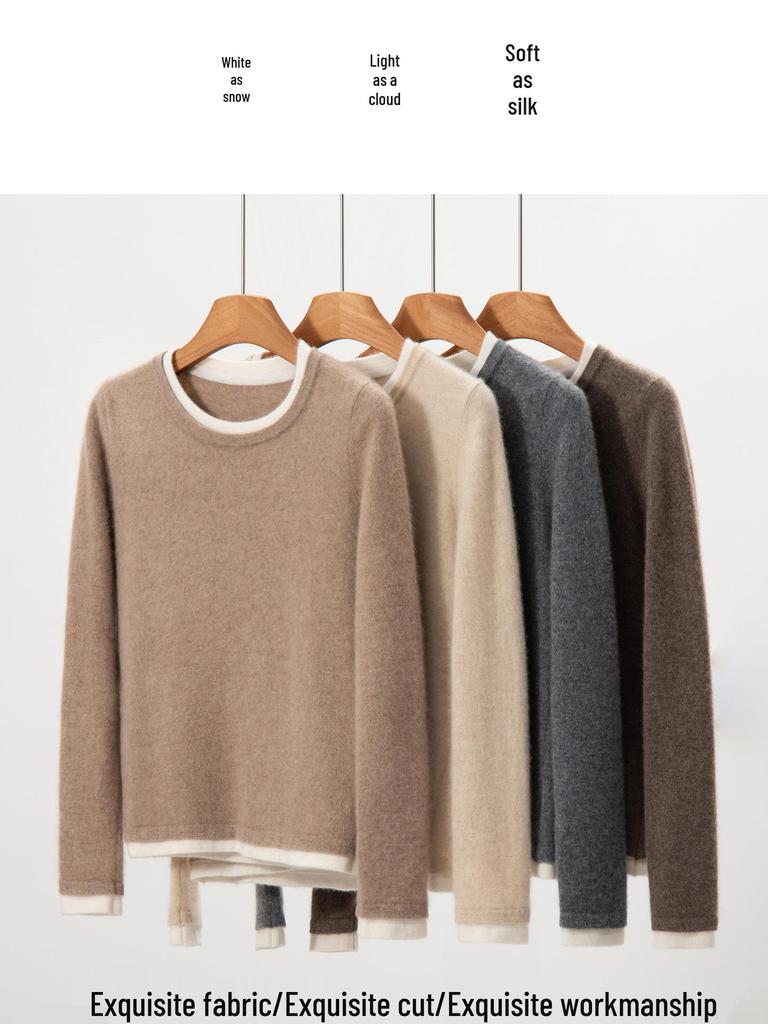 Round Neck 100% Pure Cashmere Two-in-One Knit Pullover, Autumn/Winter, Long Sleeve, Versatile Lazy Style