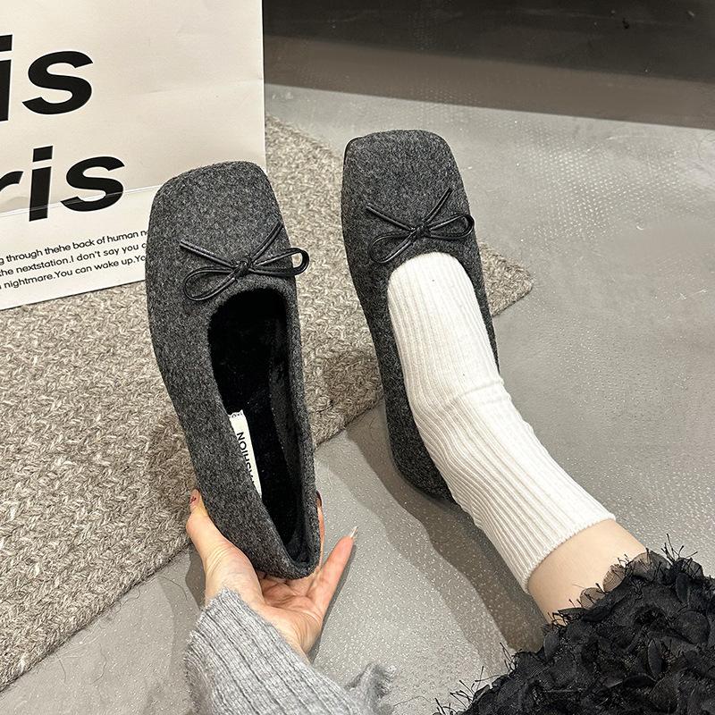 Xiaoxiangfeng Square Head Suede Soft-soled Cotton Single Shoes Women's 2025 Spring and Autumn New Shallow Bow Flat Mary Jane Shoes